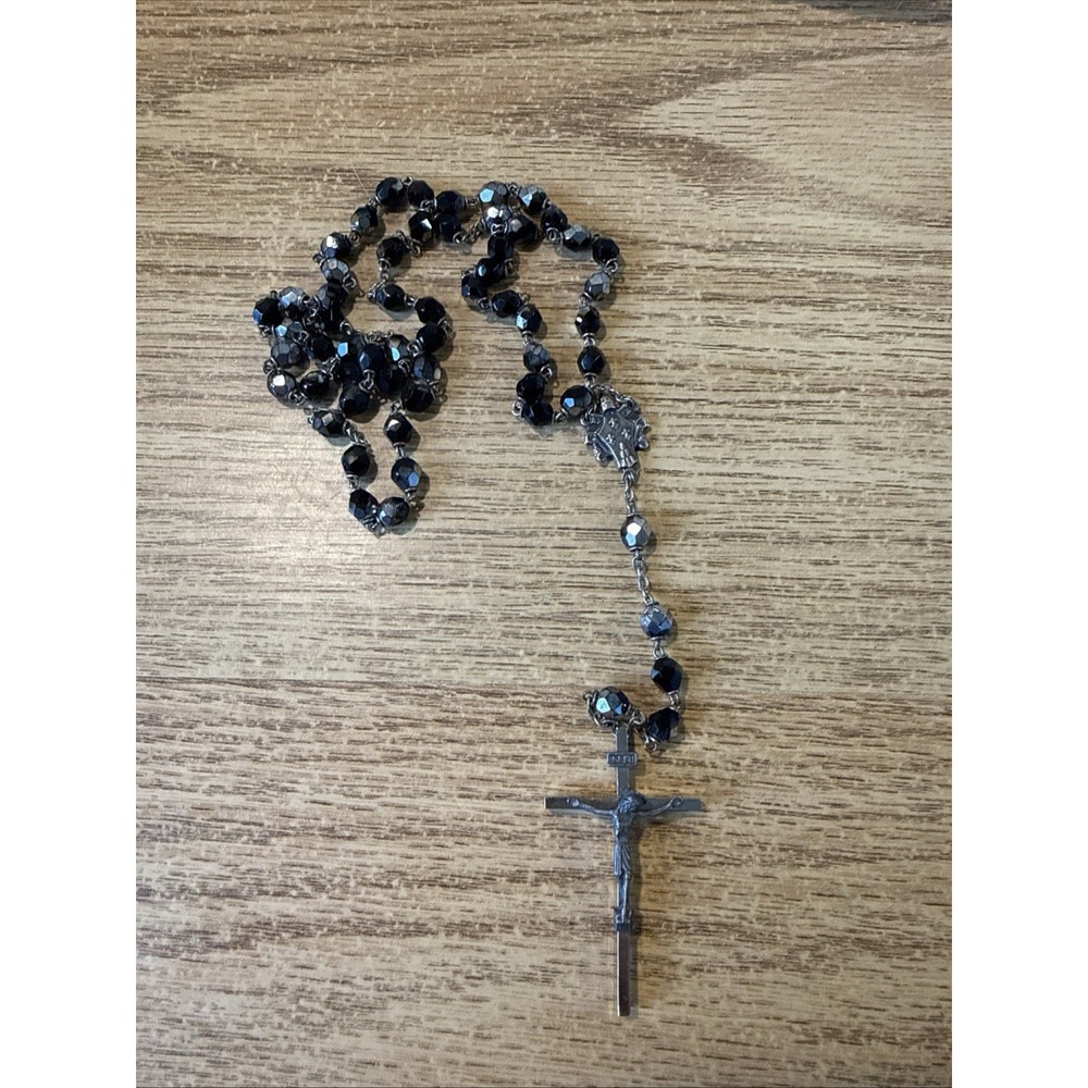 1960's- Romo Italy- POPE PAUL VI Black Beads Crucifix Rosary